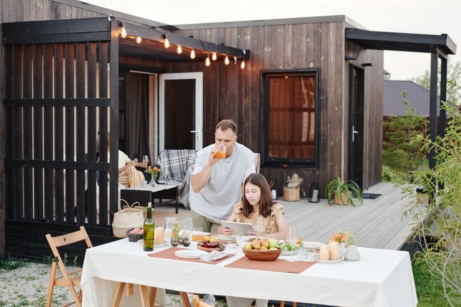 family backyard patio evening